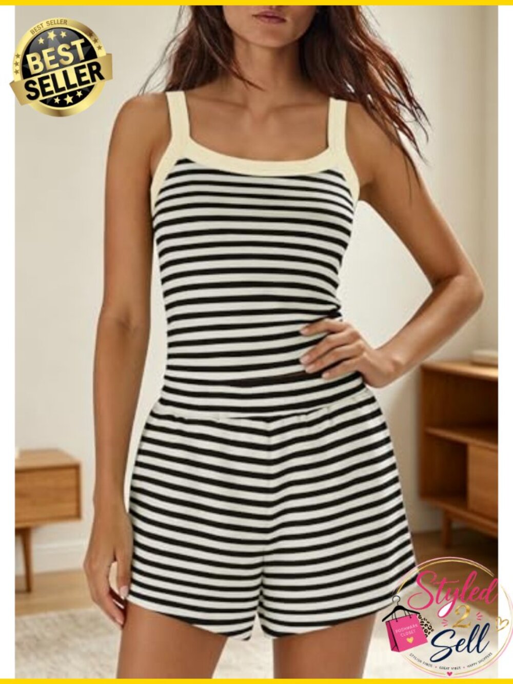 Striped Lounge Set 2 Piece Spaghetti Strap Tank Wide Leg Shorts Pajamas - Picture 2 of 4